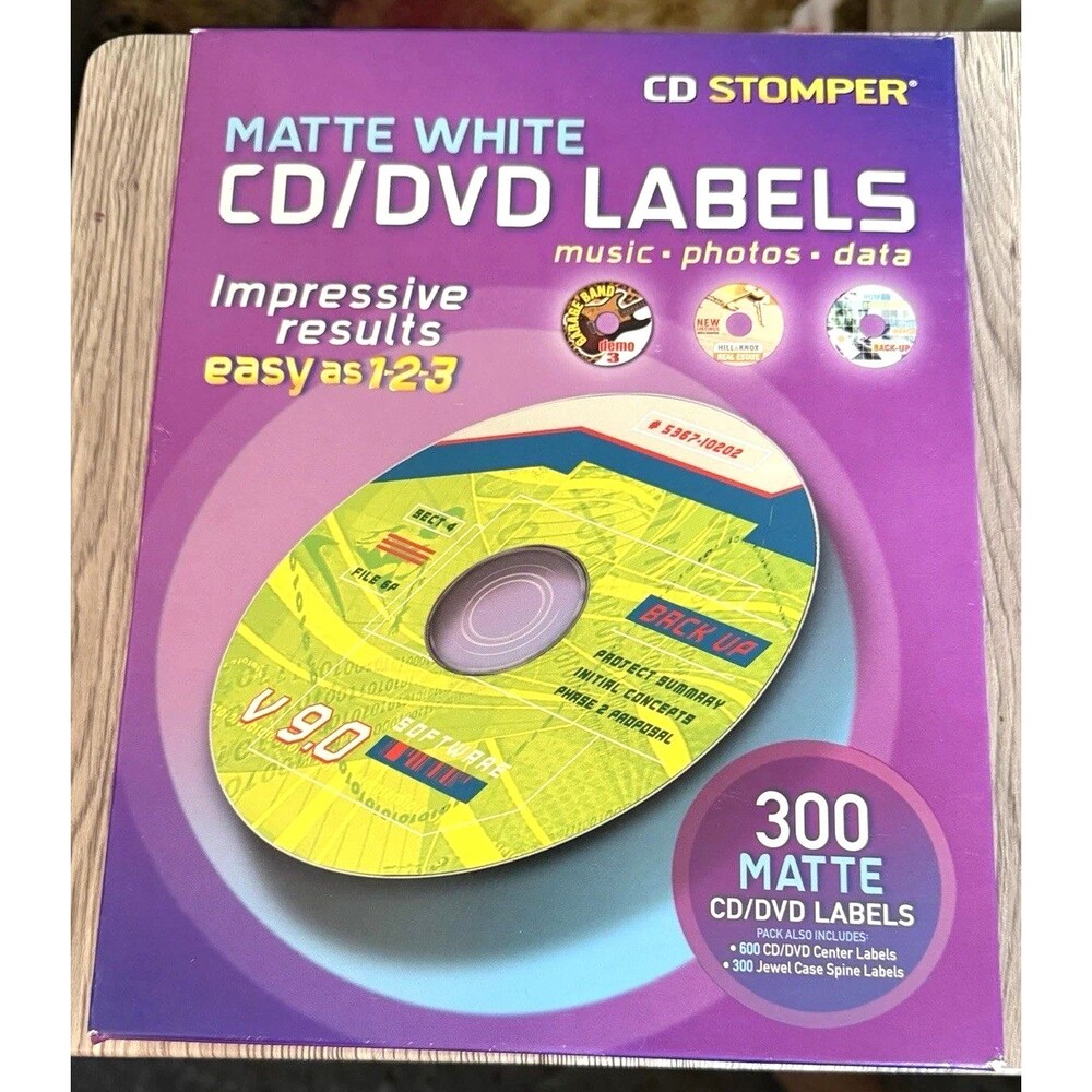 CD Stomper Matte White CD/DVD Labels 300 Pack Vintage 2003 Avery Easy 1-2-3